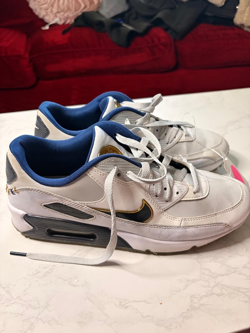 Nike White Sneakers with Blue Lining and Gold-Trim Swoosh - Kids